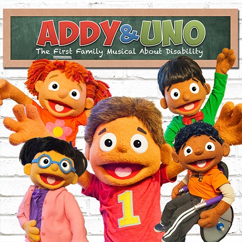 Addy and Uno logo with 5 puppets including one with glasses and one in a wheelchair.