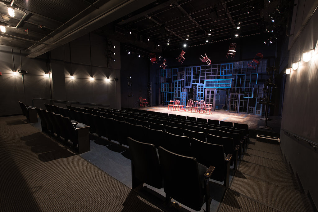 View of Beckett Theatre stage from behind seats.