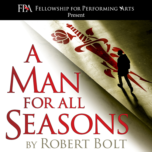 A Man for All Seasons Logo with the silhouette of a man walking over an image of a red sword wrapped in a rose
