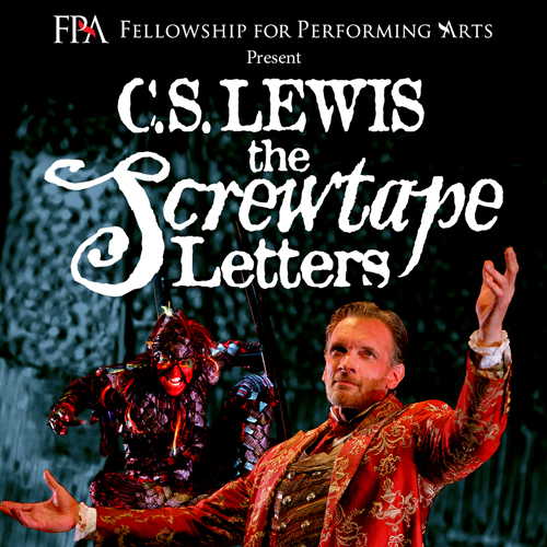 C.S. Lewis' The Screwtape Letters Logo with an extravagantly dressed man standing in front of an evil-looking creature