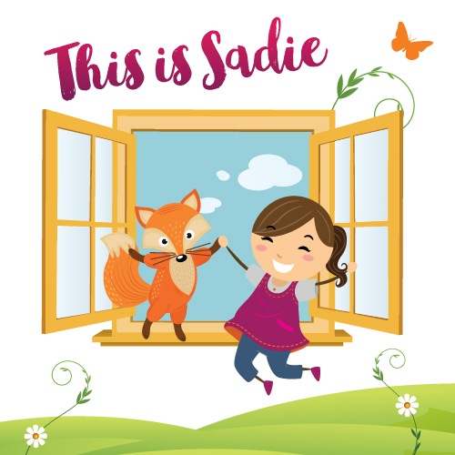 This is Sadie Logo. Cartoon girl with fox jumping.