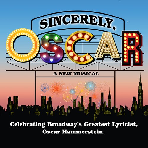 Sincerely Oscar logo with title in lit up marquee in front of a city skyline with fireworks
