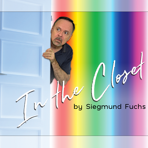 In the Closet logo with a man peering around a white door in front of a rainbow background