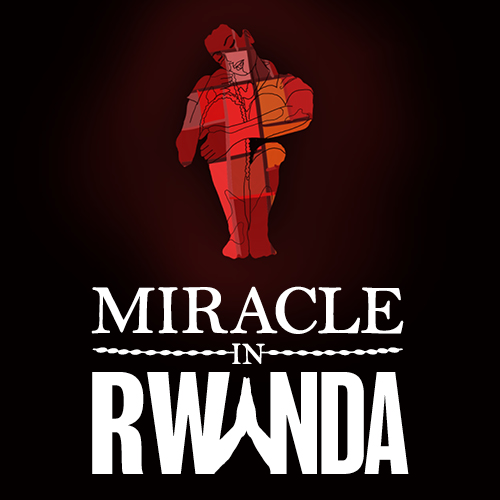 Miracle in Rwanda logo with a line drawing of a woman sitting and clutching her knees to her chest colored in a red and brown palette of 'Mondrian' style blocks