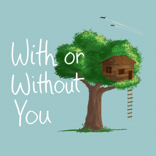 With or Without You logo of a large leafy tree with a wooden tree house and two planes flying off in the sky.