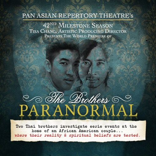 The Brothers Paranormal logo with the faces of two young men superimposed on the face of a woman with a soft damask wallpaper background
