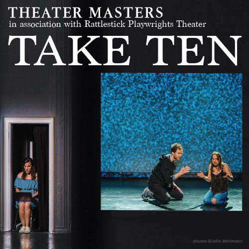 Theatee Masters present Take Ten 2019 logo with an image if a young lady sitting in a doorway working on a laptop, juxtaposed with the image of a man and a woman on the ground animatedly discussing something